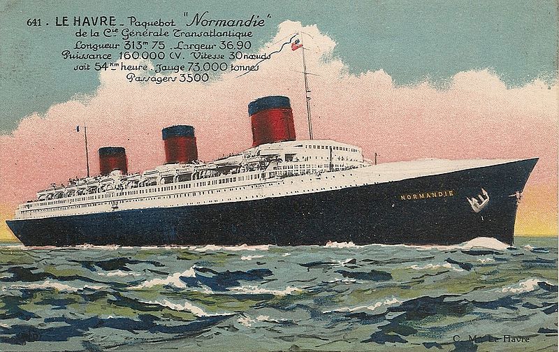 Banque Transatlantique – The Compagnie Générale Transatlantique liner Normandie, on a postcard